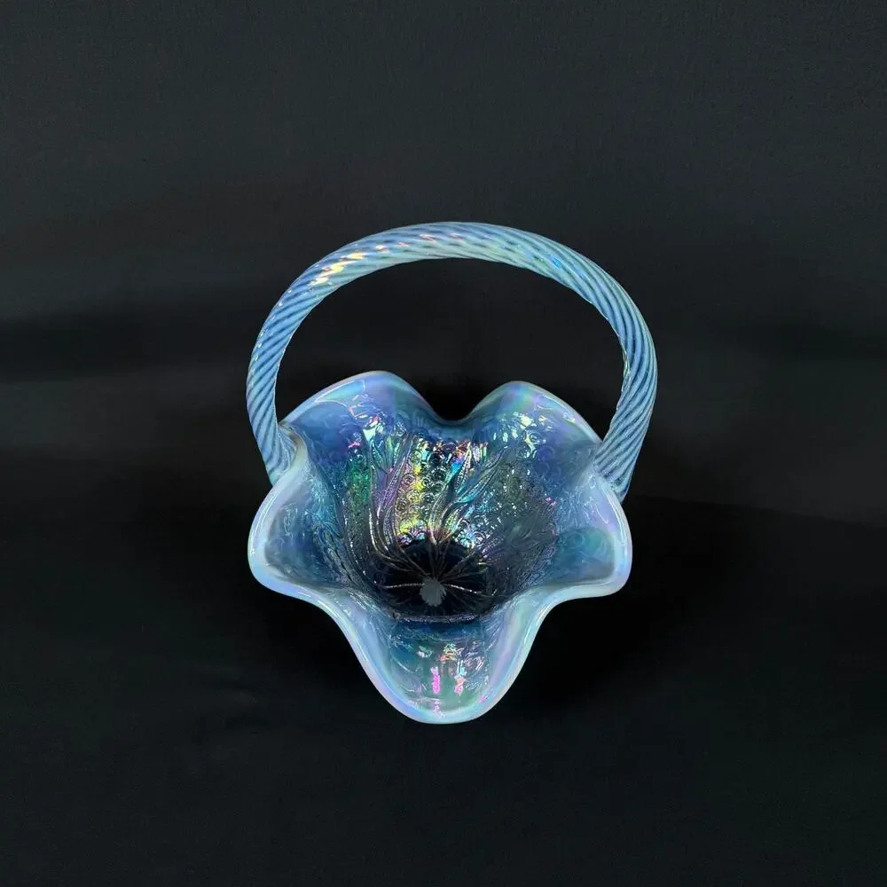 Fenton Iridescent Blue Carnaval Glass Basket h8